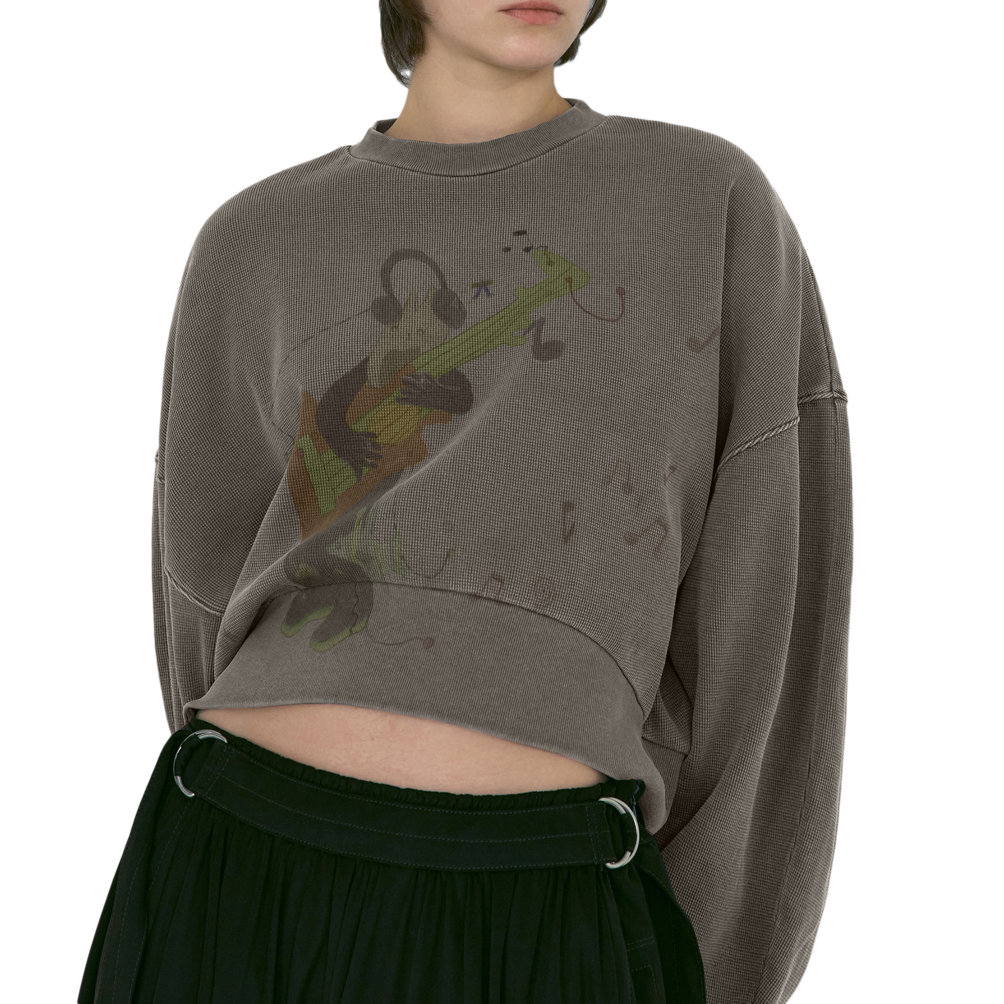 Low Classic x Uou Cute Washed Rockstar Cat Sweatshirt Charcoal Brown