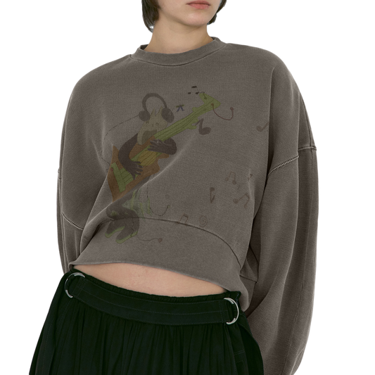 Low Classic x Uou Cute Washed Rockstar Cat Sweatshirt Charcoal Brown