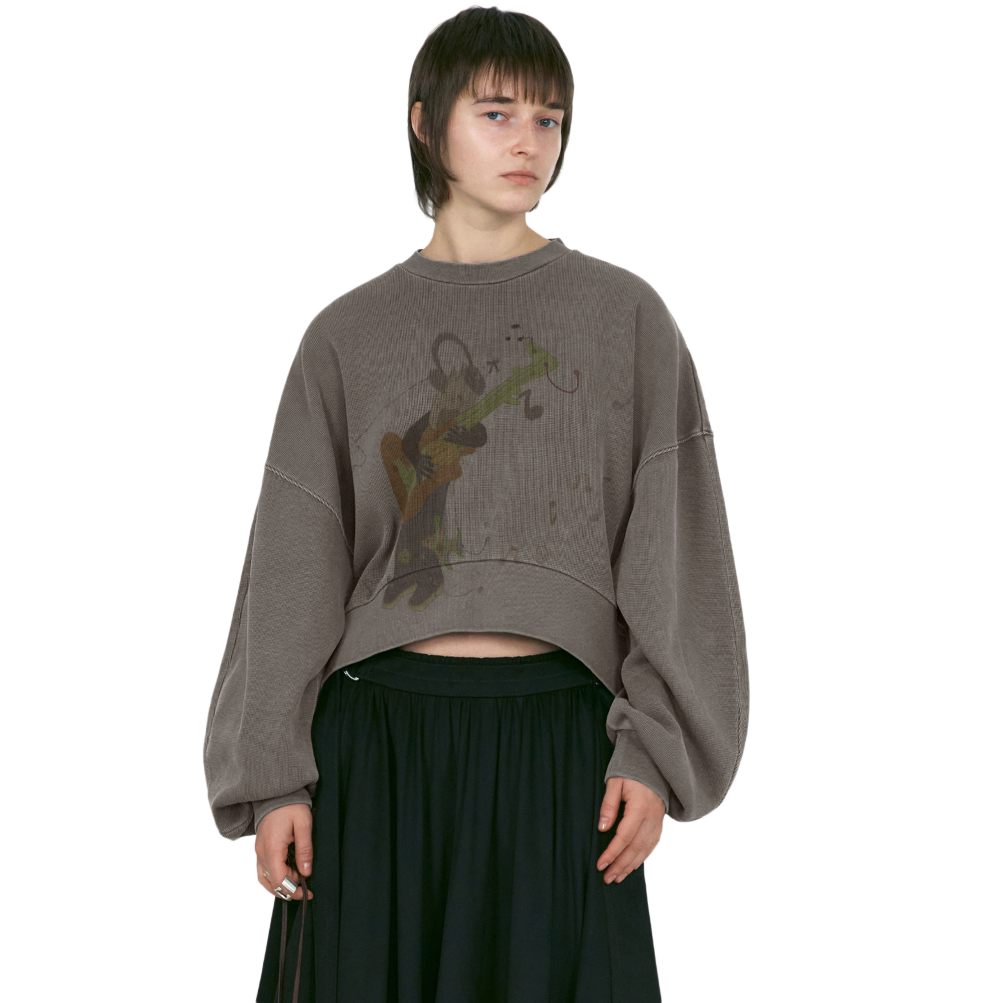 Low Classic x Uou Cute Washed Rockstar Cat Sweatshirt Charcoal Brown