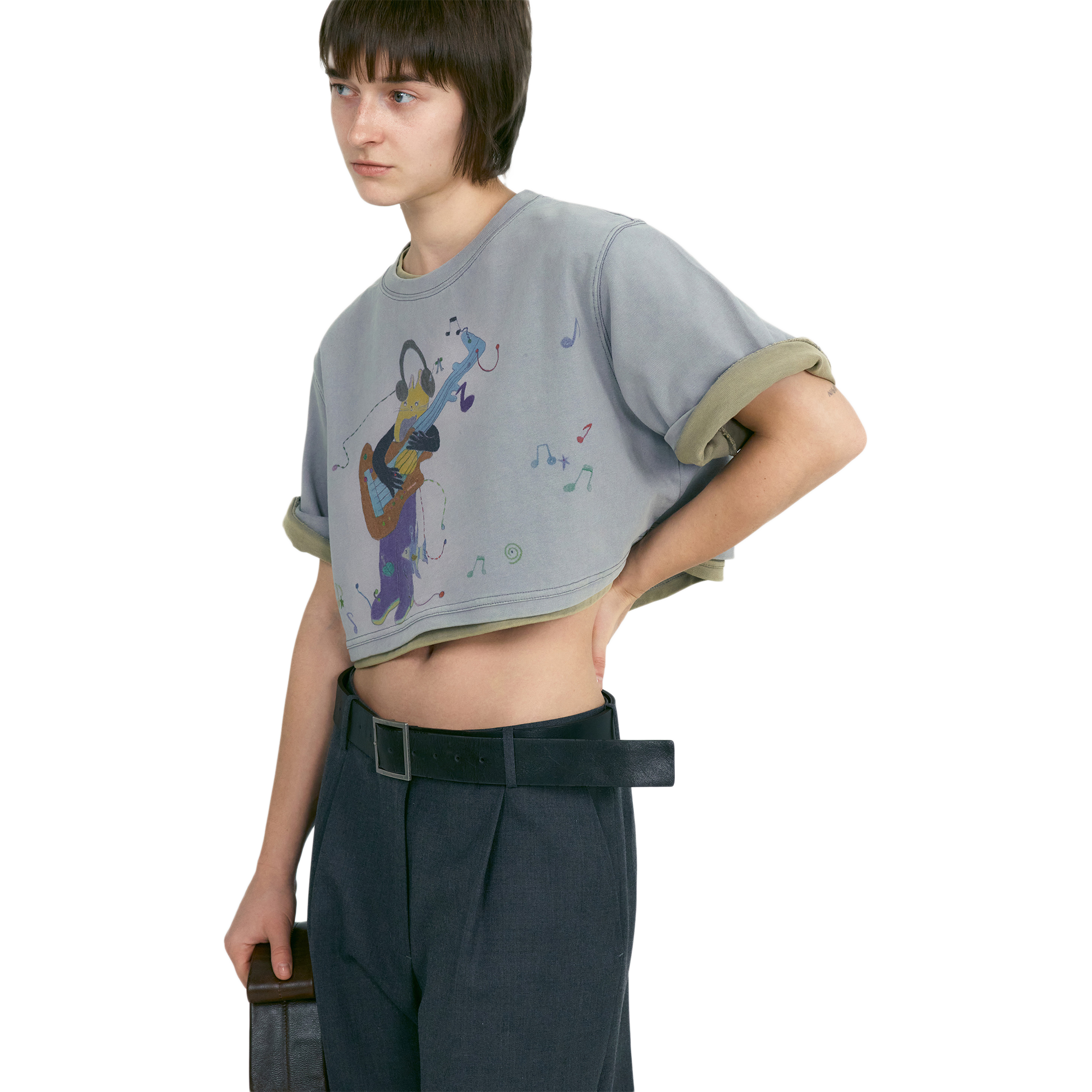 Low Classic x Uou Cute Washed Rockstar Cat T-Shirt Greyish Purple