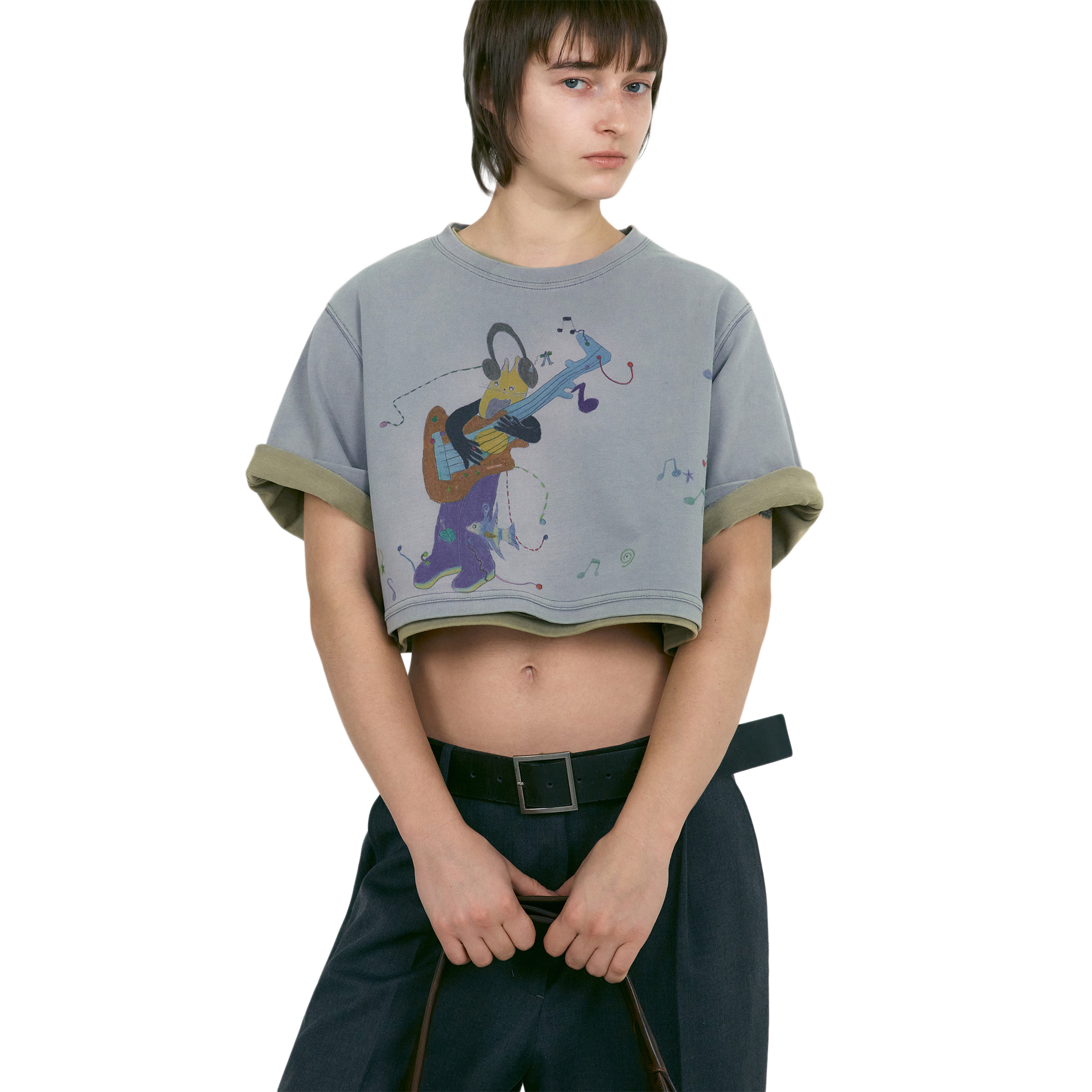 Low Classic x Uou Cute Washed Rockstar Cat T-Shirt Greyish Purple