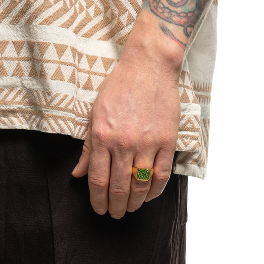 Maple Floral Signet Ring 14k Gold Plate/Green Enamel