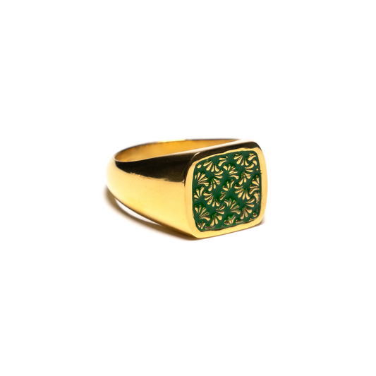 Maple Floral Signet Ring 14k Gold Plate/Green Enamel