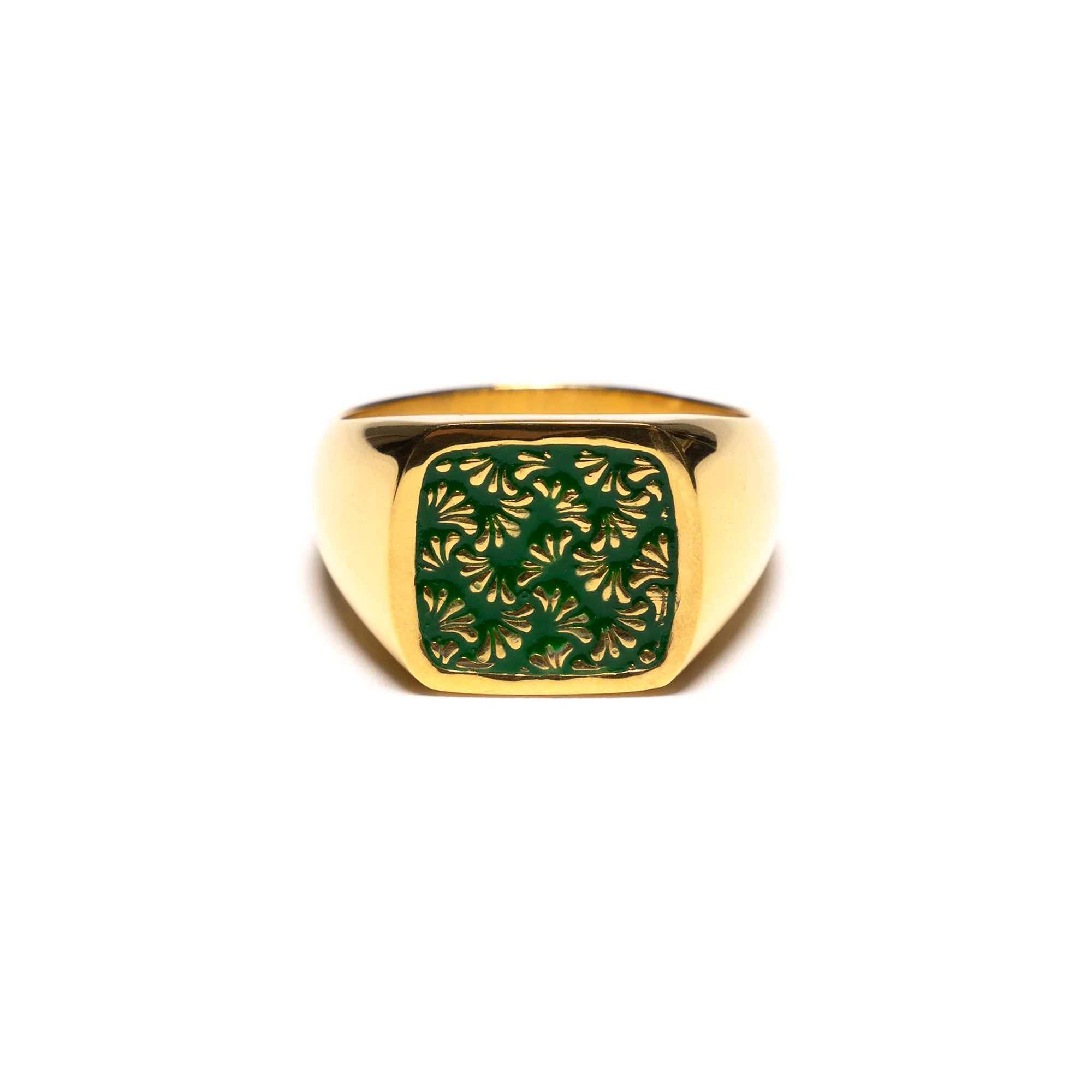 Maple Floral Signet Ring 14k Gold Plate/Green Enamel