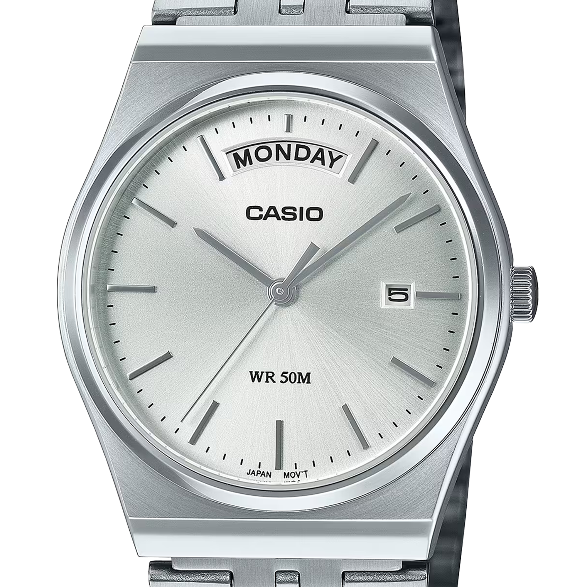 Casio Analogue Day Date Retro White Face, Stainless MTPB146D-7A