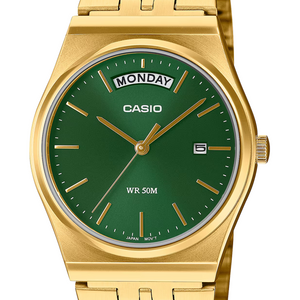 Casio Analogue Day Date Retro Green Face, Gold Tone MTPB146G-3A