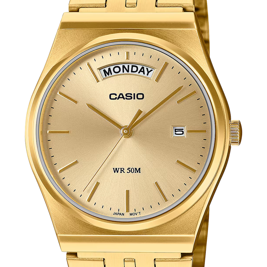 Casio Analogue Day Date Retro Gold Face, Gold Tone MTPB146G-9A