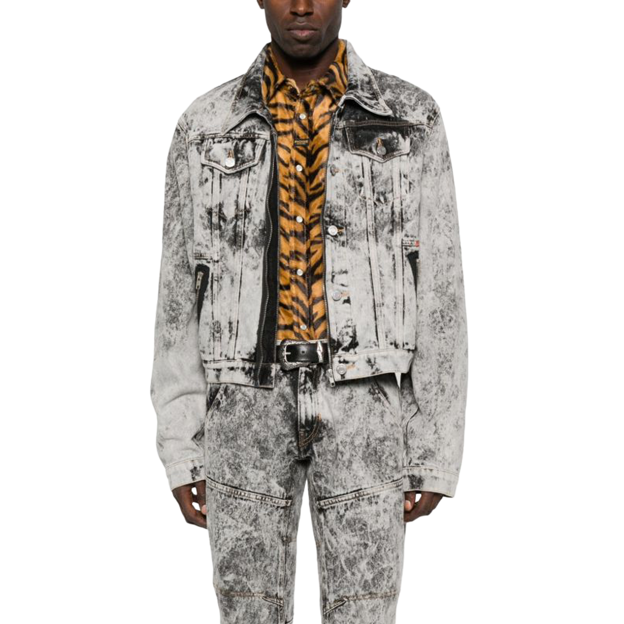 Martine Rose Zip Front Denim Jacket Grey Acid Wash