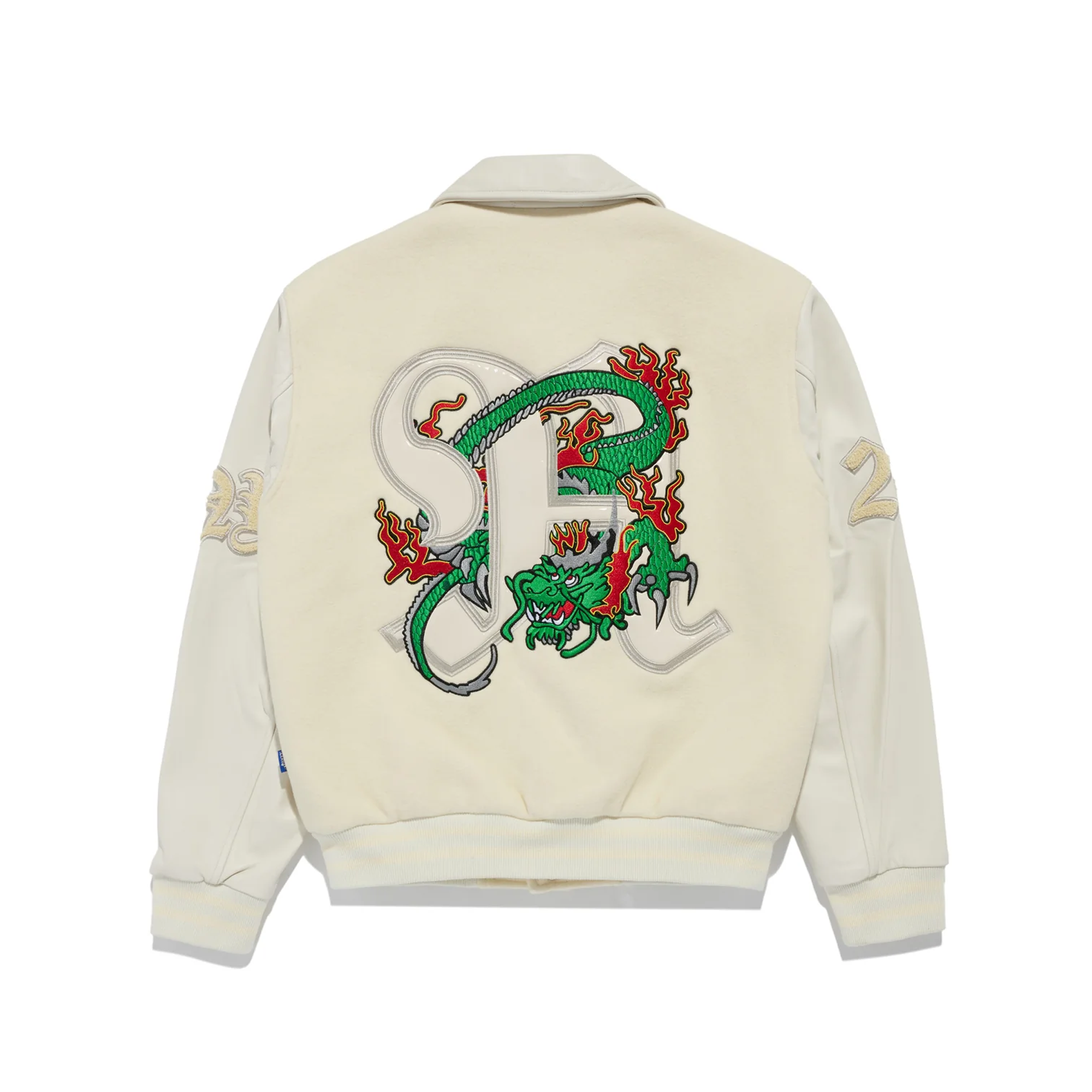 Awake NY Dragon Embroidered Varsity Jacket Off White Laced