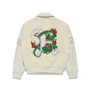 Awake NY Dragon Embroidered Varsity Jacket Off White