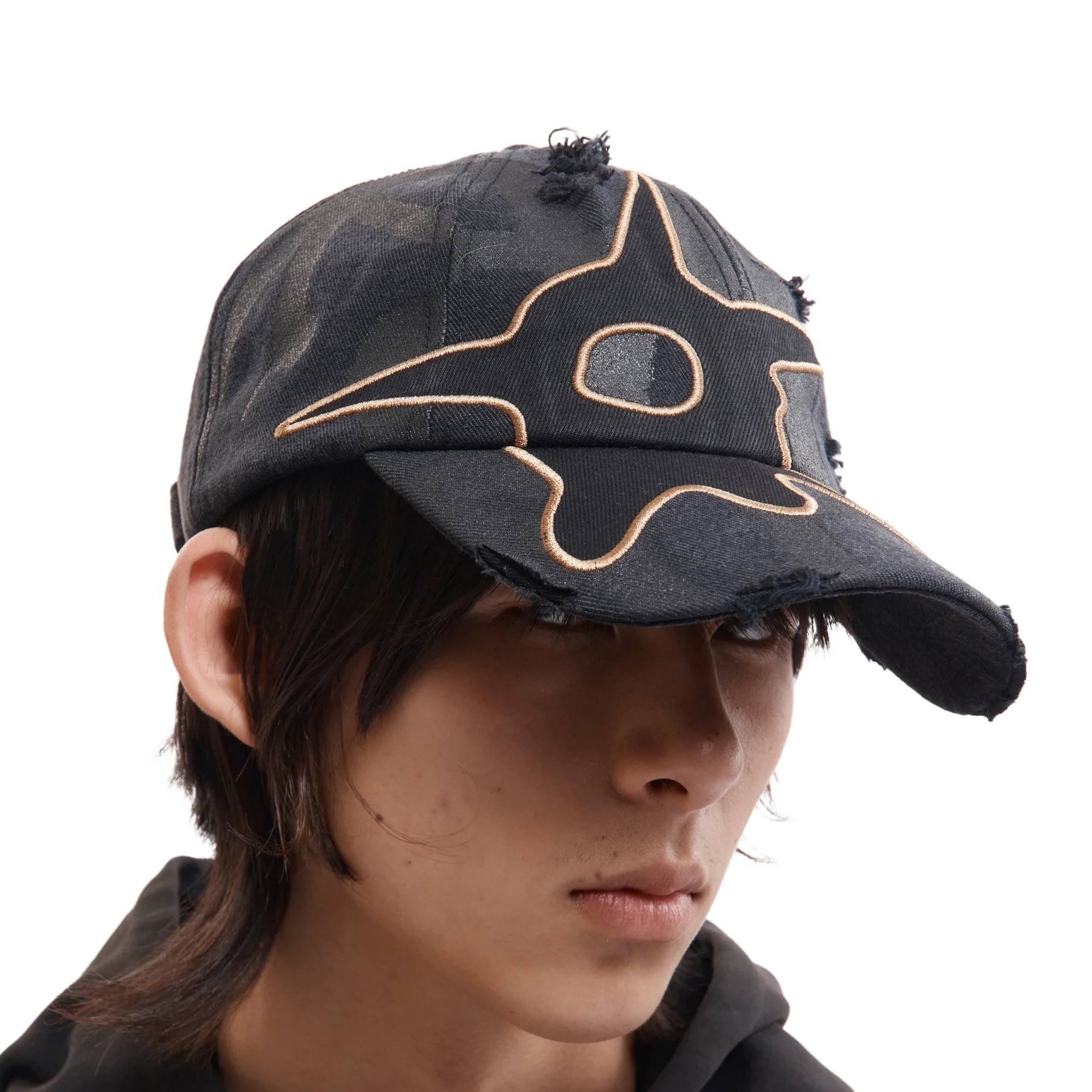 Perks And Mini Distressed Urchin Tag Baseball Cap Black Wash
