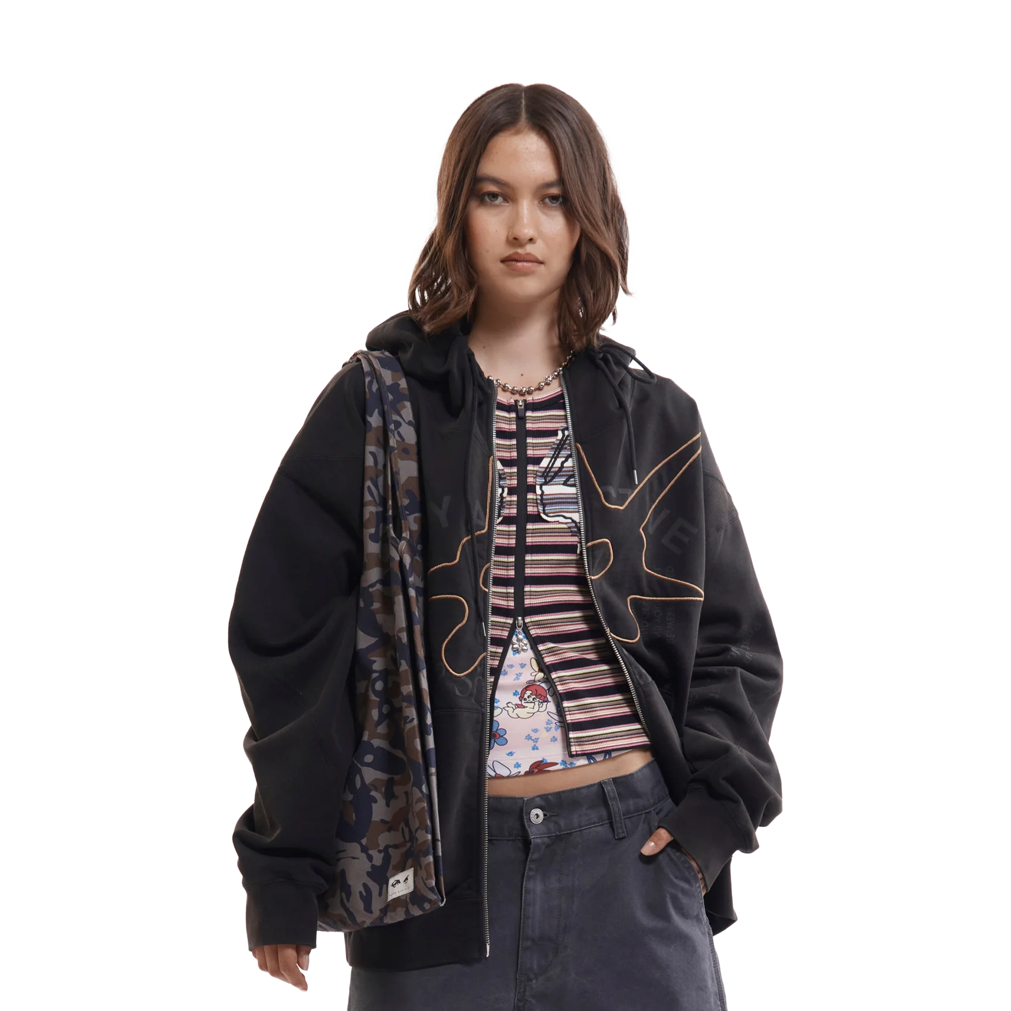 Perks And Mini Shape Shift Hooded Zip Thru Sweat Black Wash