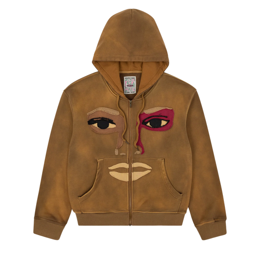 Kidsuper Patchwork Face Heavyweight Zip Up Hoodie Dark Brown