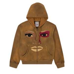 Kidsuper Patchwork Face Heavyweight Zip Up Hoodie Dark Brown