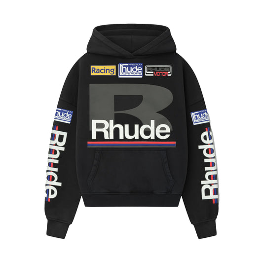 R H U D E Petrol Patch Hoodie Vtg Black