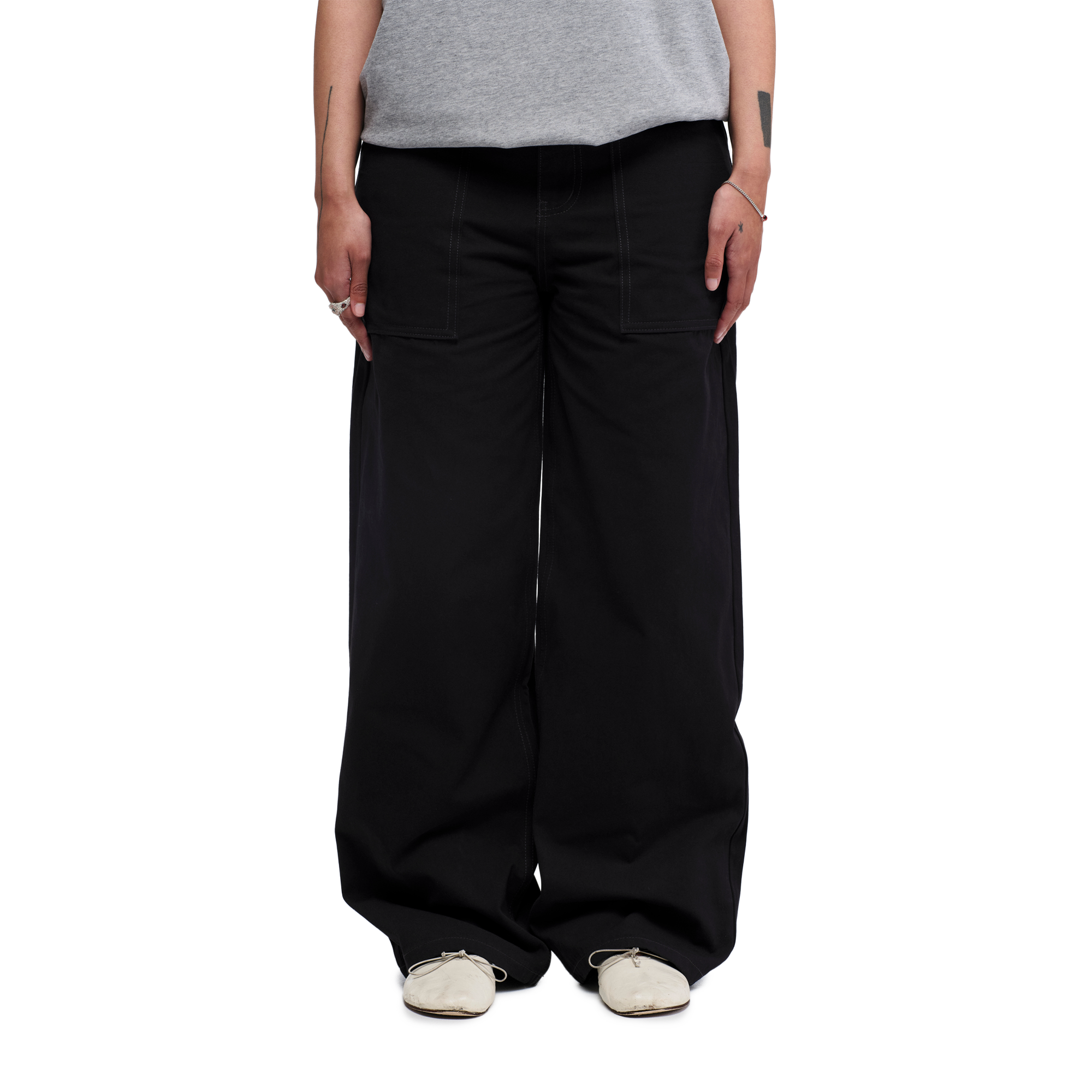 Pseushi Loose Cut Canvas Fatigue Pants Washed Black