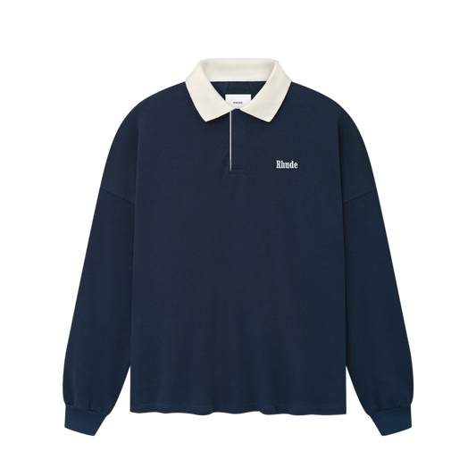 R H U D E Long Sleeve Pique Polo Dark Navy/White