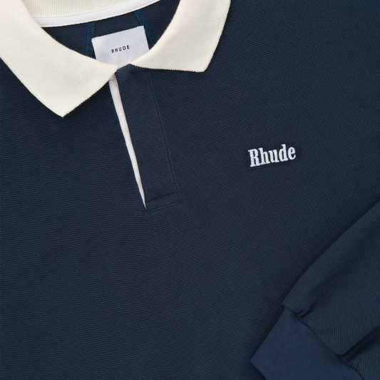 R H U D E Long Sleeve Pique Polo Dark Navy/White