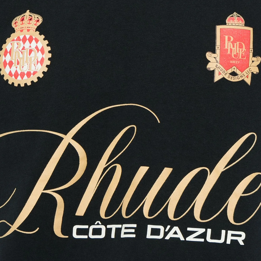 R H U D E Script Crest T-Shirt Vtg Black