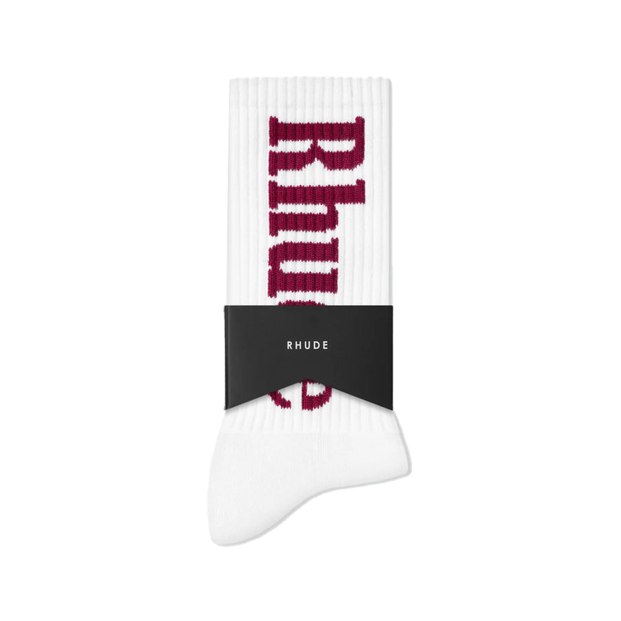 R H U D E Vertical Logo Sock White/Maroon