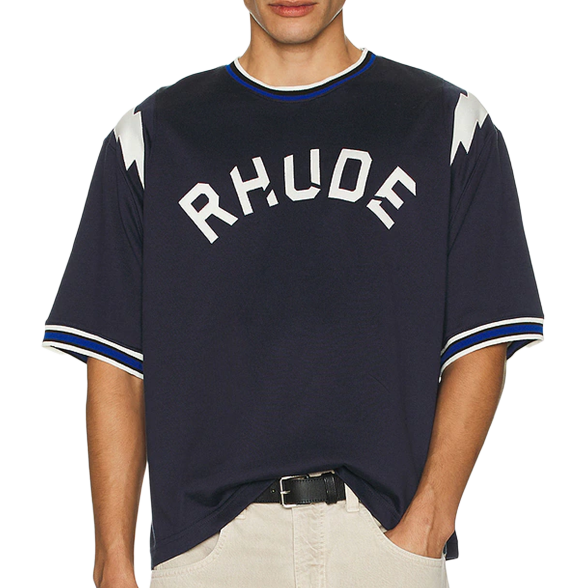 R H U D E Logo Lightning Ringer Tee Navy/White  RHPF25TT01729
