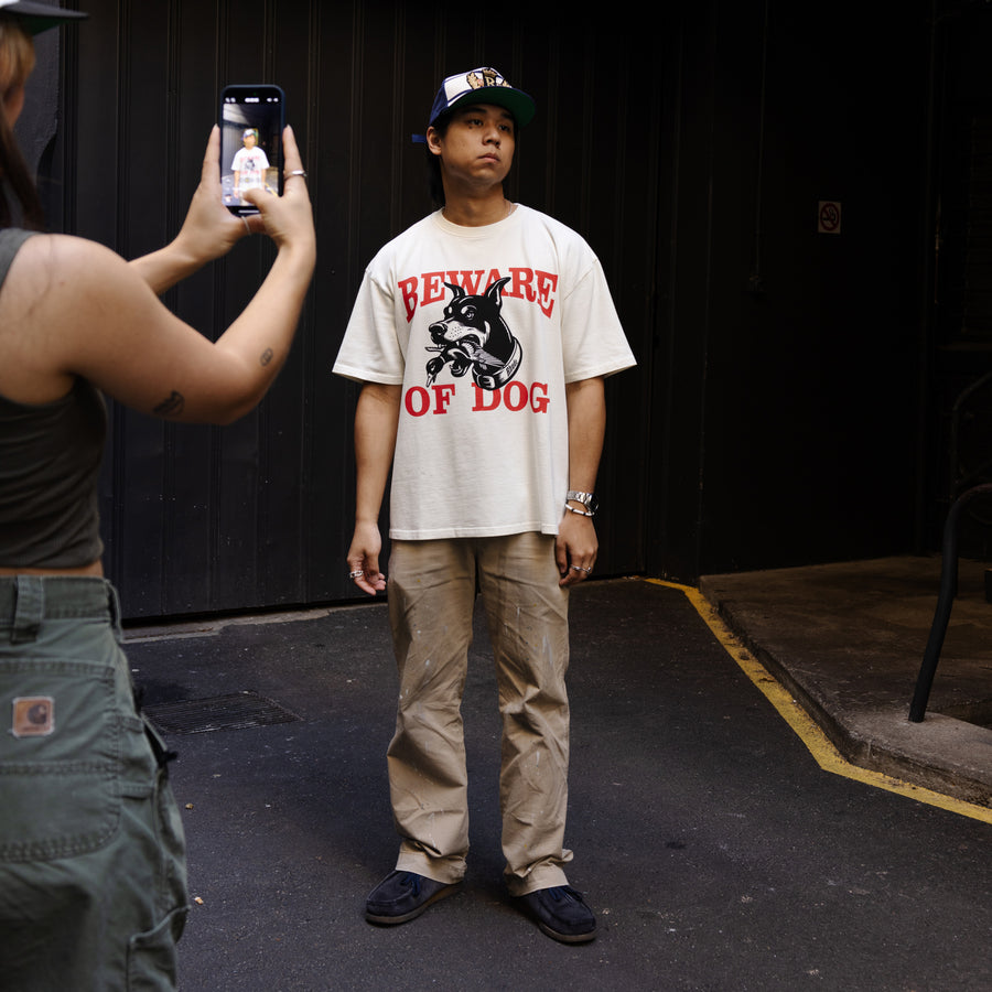 R H U D E Warning Logo T-Shirt Vintage White