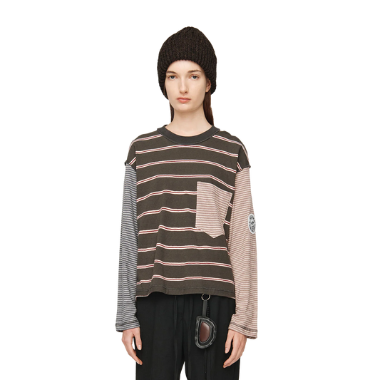 Song For The Mute Women's L/S Crew Neck Pullover Rugby Stripe Charcoal