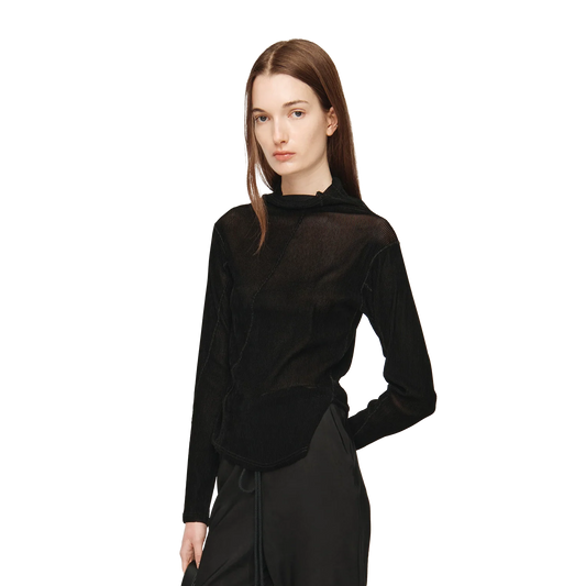 Song For The Mute Women's Mock Neck Twisted L/S Striped Tulle Black