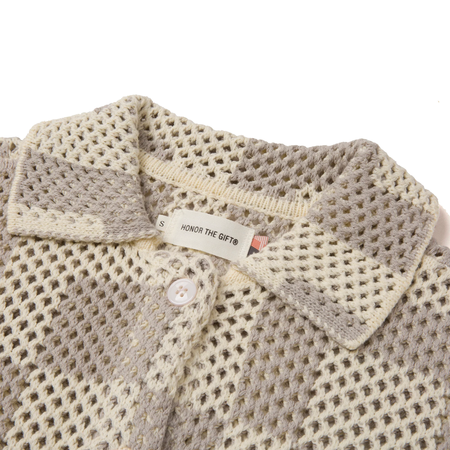 Honor The Gift Unisex Crochet Short Sleeve Button Down Stone