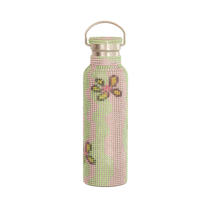 Collina Strada Rhinestone Water Bottle Lime Wavy Flower