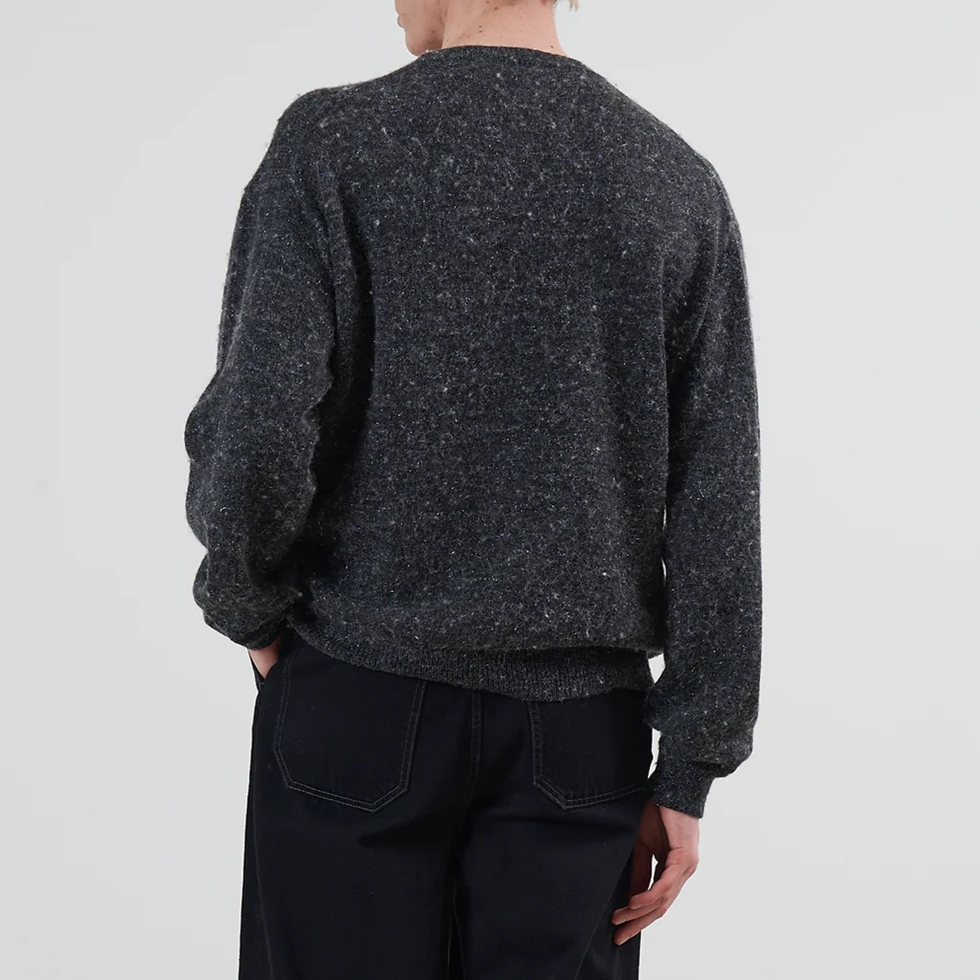 Yoke Pearl Glitter Blend Wool Crewneck Sweater Charcoal