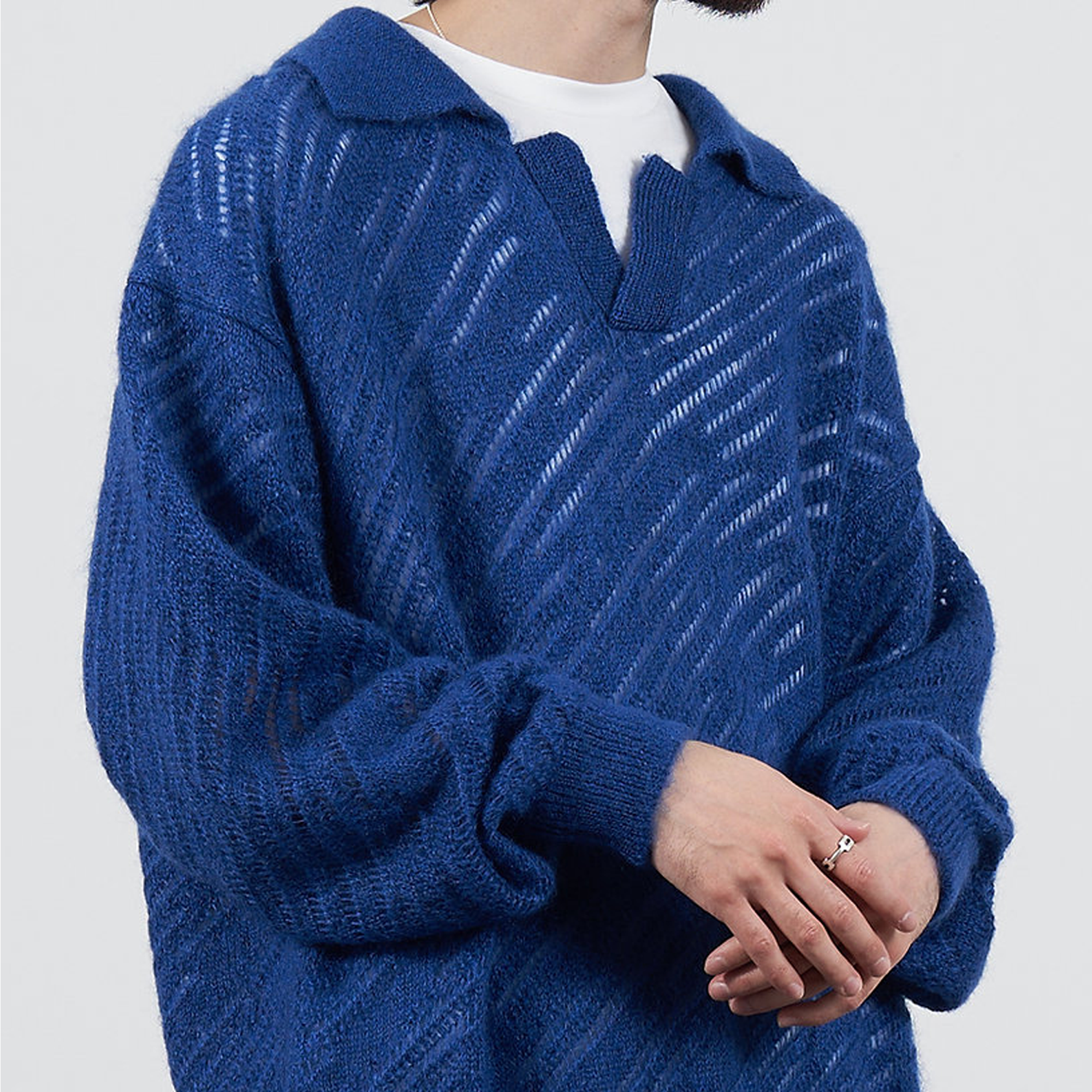 Yoke Silk Mohair Pullover Sweater Royal Blue