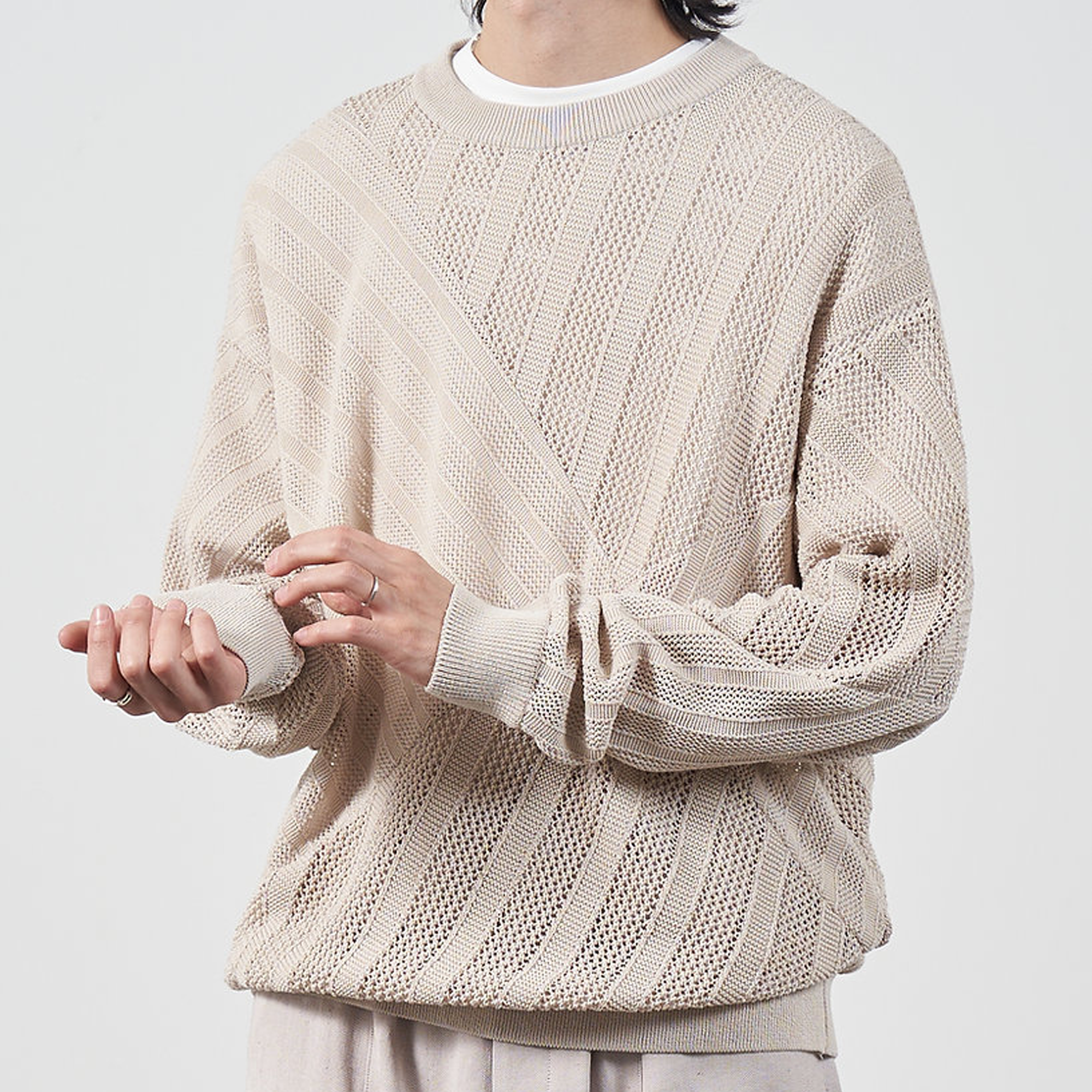 Yoke Cotton Mesh Stripe Crewneck Sweater Ivory