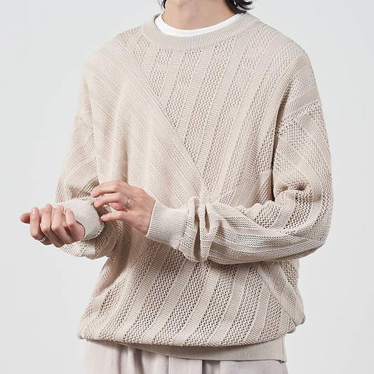 Yoke Cotton Mesh Stripe Crewneck Sweater Ivory