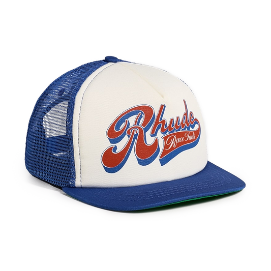 R H U D E Pit Stop Trucker Hat White/Blue/Red