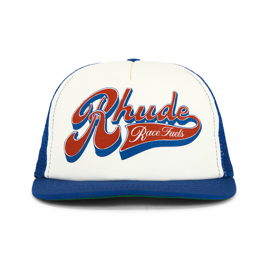 R H U D E Pit Stop Trucker Hat White/Blue/Red