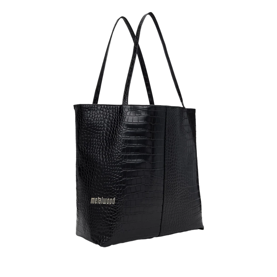 Metalwood Metal Logo Stud Croc Tote Black