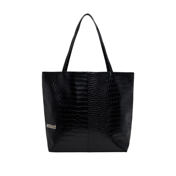 Metalwood Metal Logo Stud Croc Tote Black