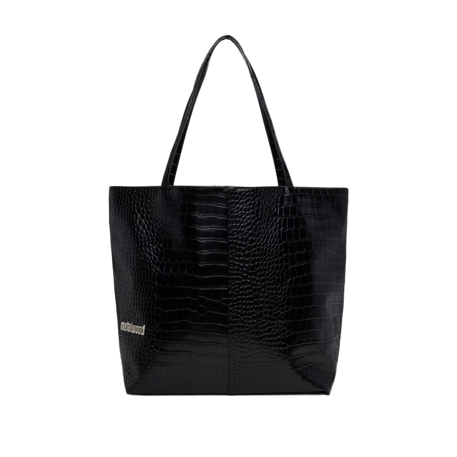 Metalwood Metal Logo Stud Croc Tote Black