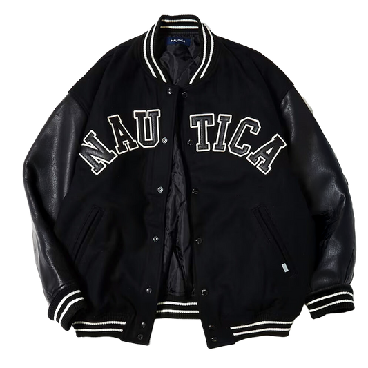 Nautica Japan Melton Stadium Letterman Jacket Black