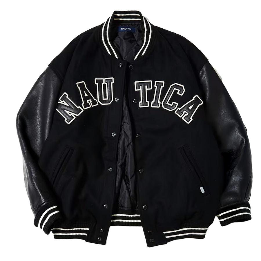Nautica Japan Melton Stadium Letterman Jacket Black